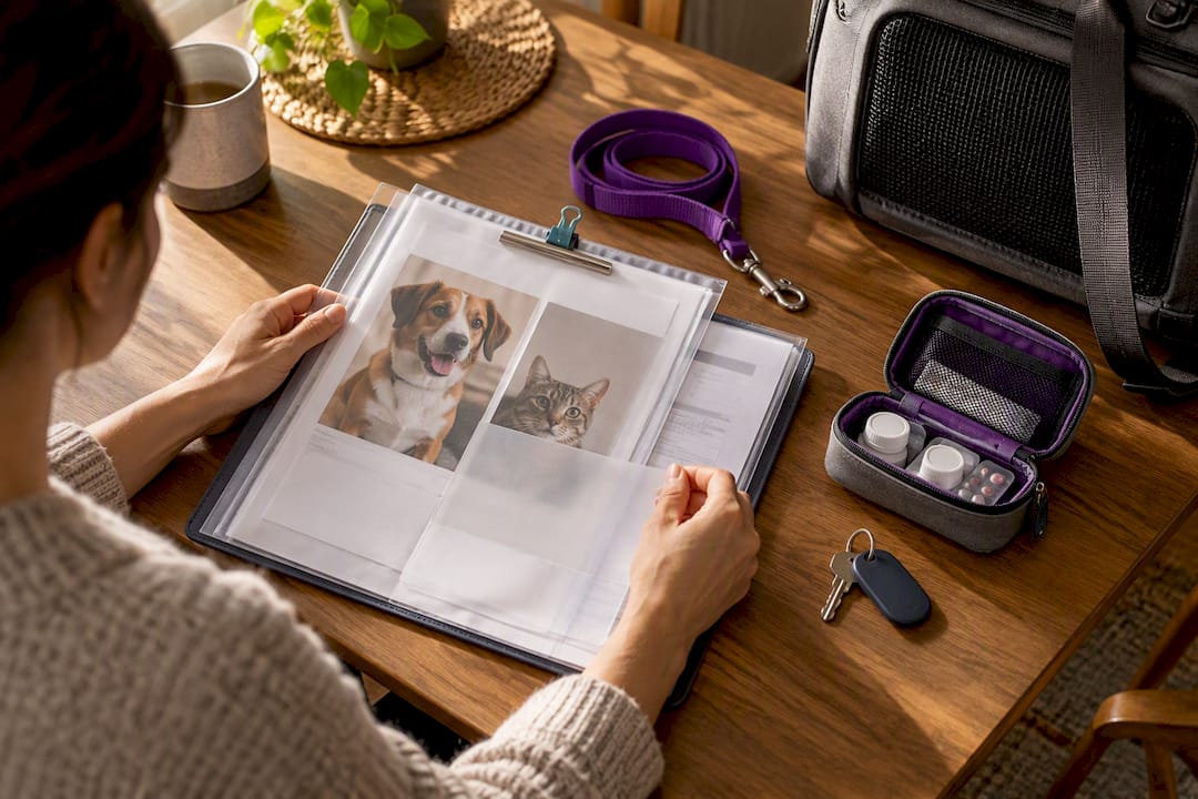 Hands assembling a pet emergency care plan