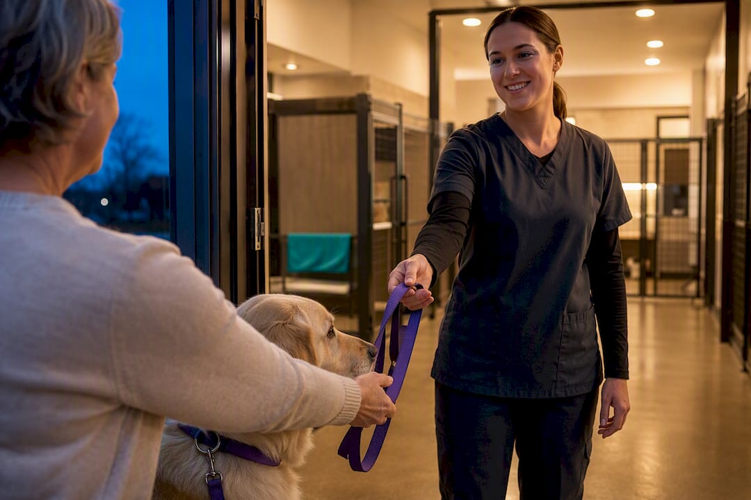 Caregiver arranging emergency dog boarding intake