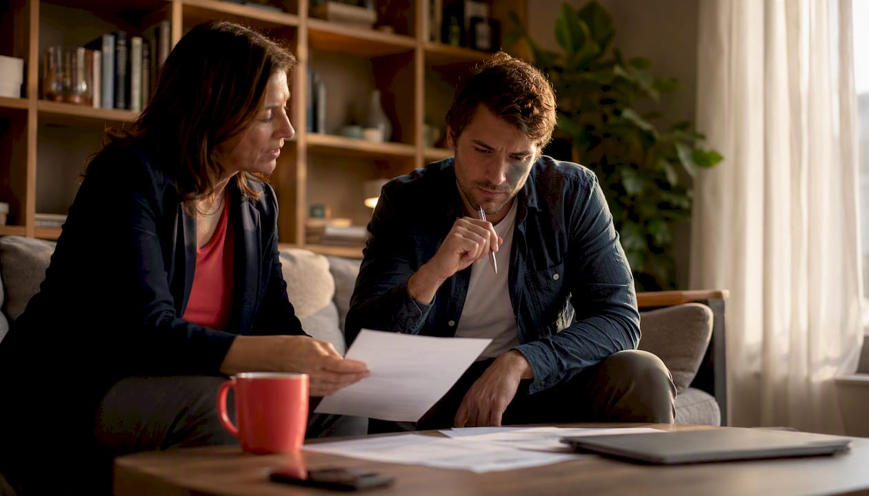 Homebuyer and agent reviewing contract at kitchen table