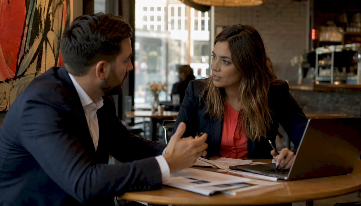 Two brokers discussing paperwork in office