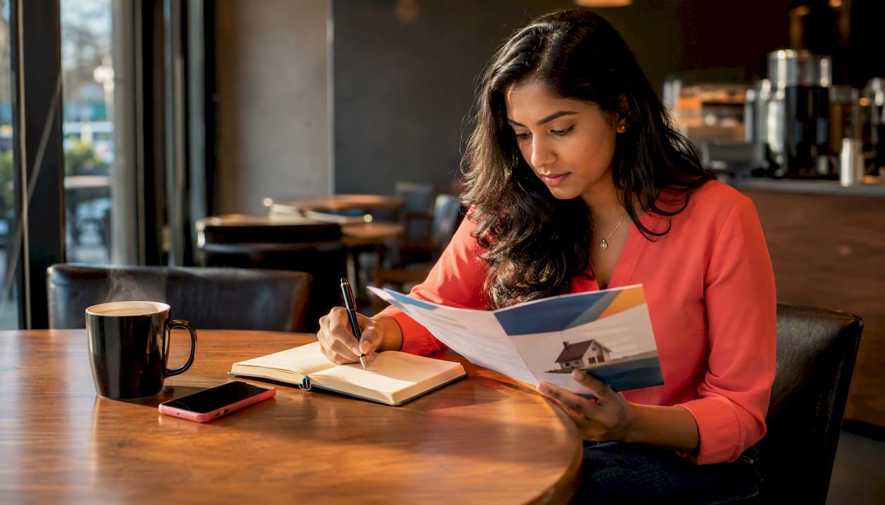 Woman researching FHA loan brochure in home office