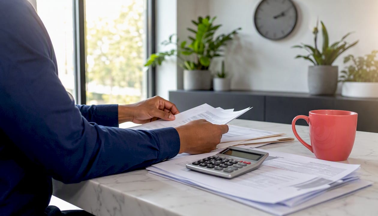 Hands calculating conventional loan estimate at desk