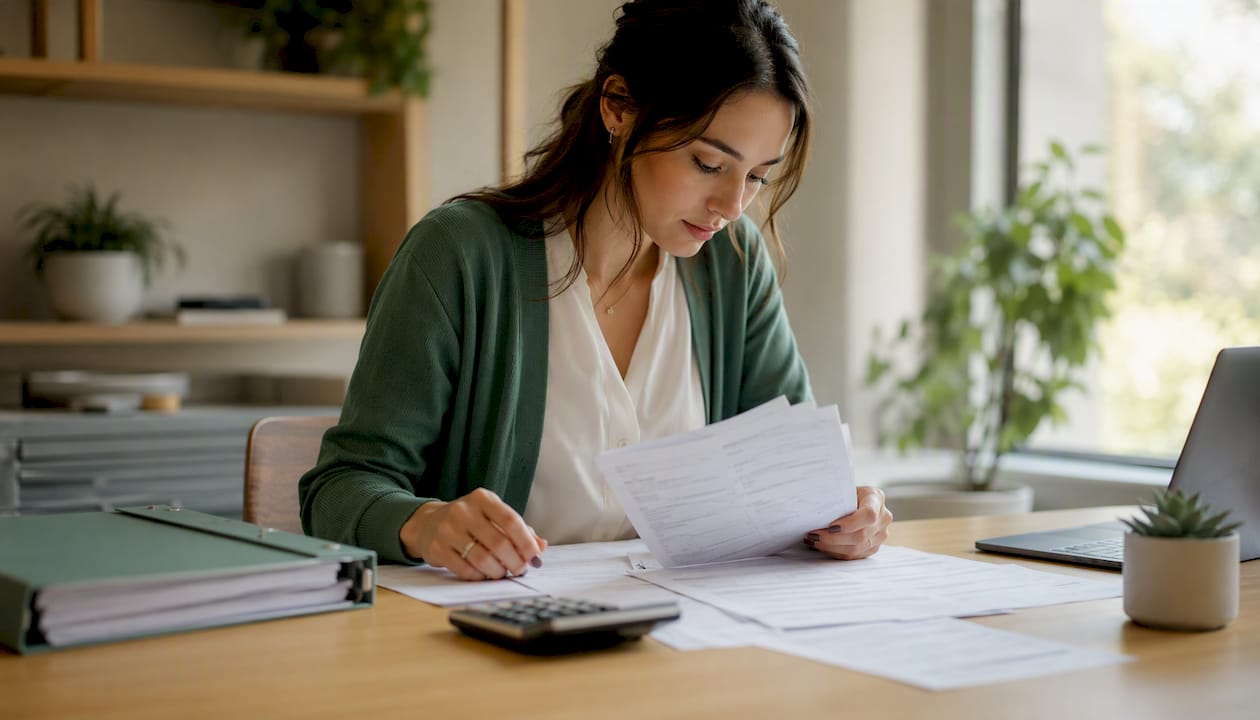 Insurance agent reviewing claim forms at desk