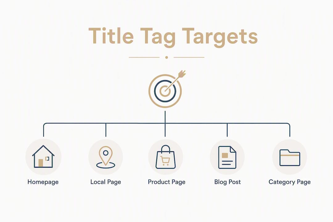 Infographic showing SEO title tag length targets by page type