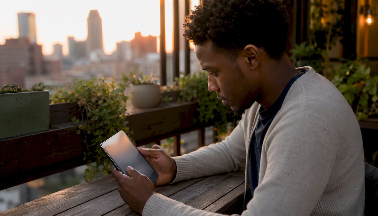 Young man reviewing SEO metrics outdoors