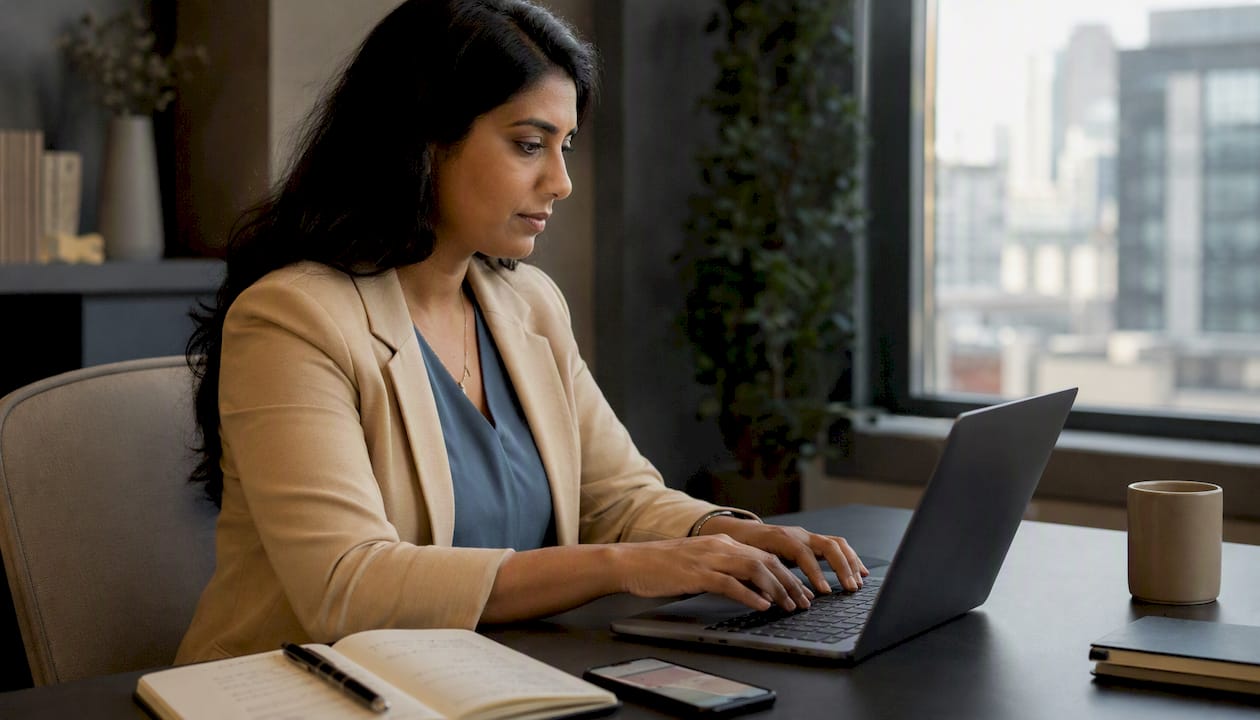 Lawyer managing local SEO reviews on laptop