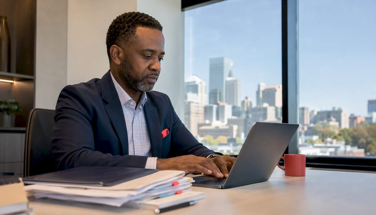 Mortgage lender working at bank office desk