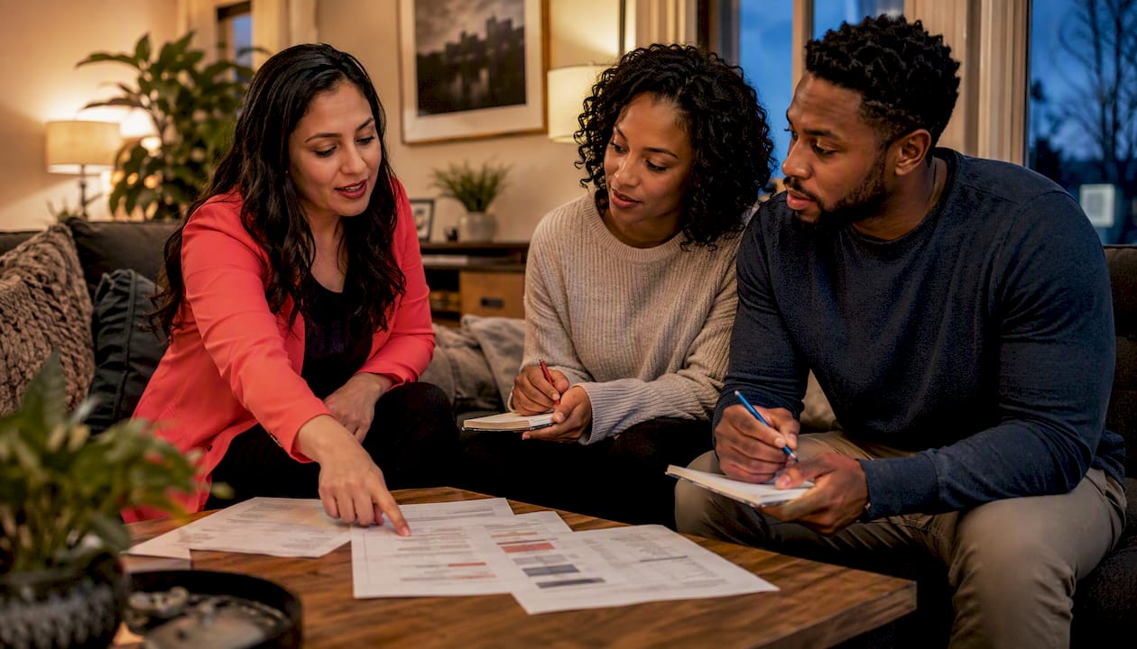 Mortgage broker consulting clients at glass table