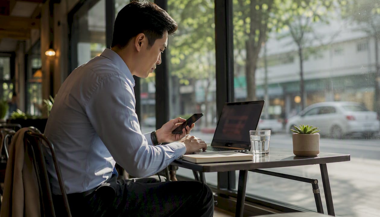 Man using smartphone and laptop in startup office