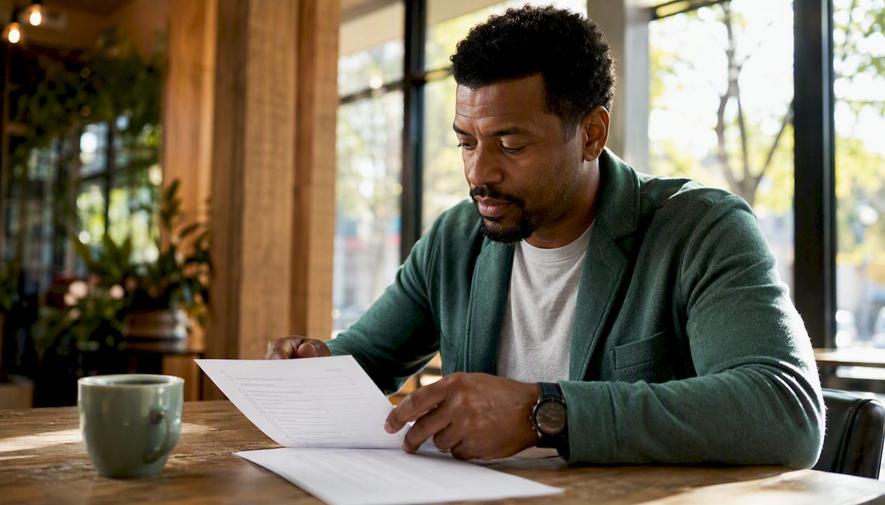 Man reviewing GLP-1 safety checklist in clinic waiting room