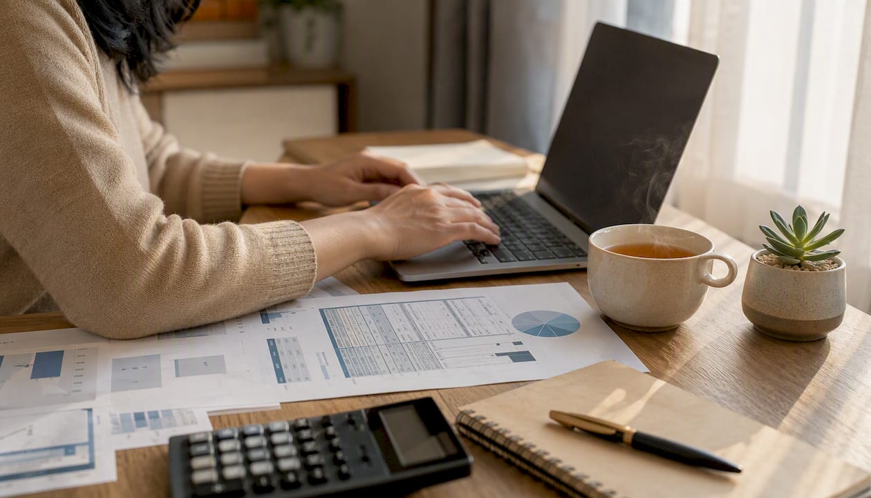 Hands calculating small business website budget at kitchen table