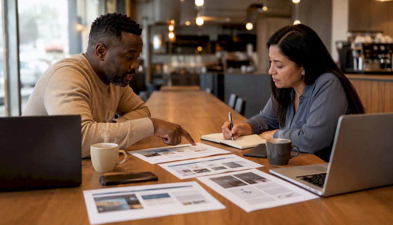 Two professionals discussing CMS choices in office