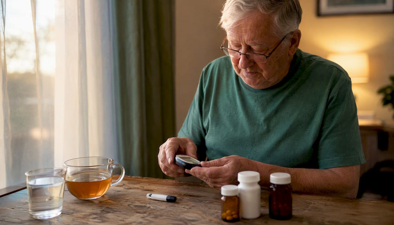 Senior patient measuring blood glucose