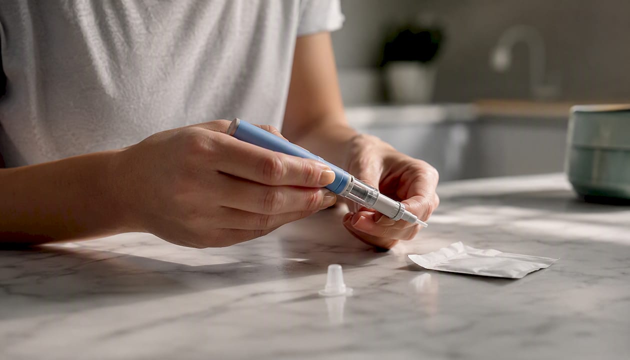 Hands preparing semaglutide injectable pen
