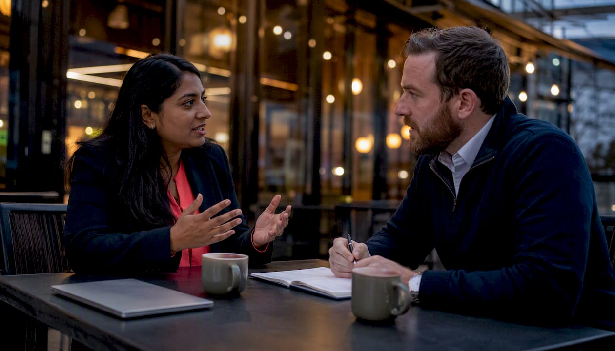 Couple discussing mortgage options at café table
