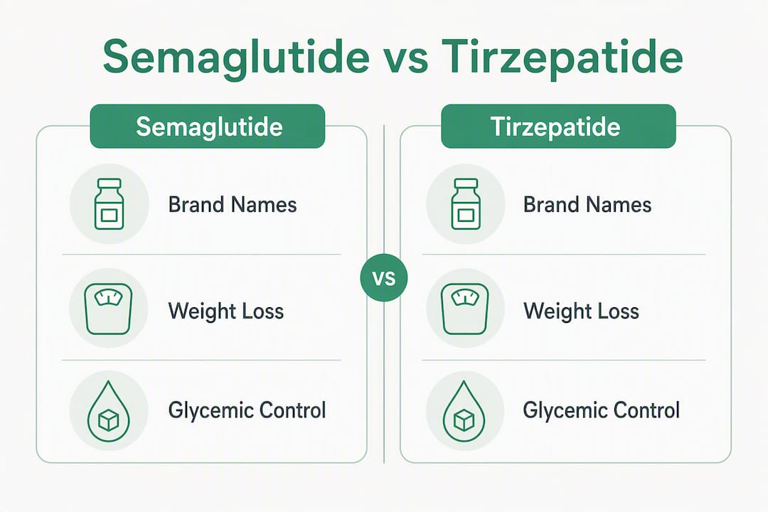 Infographic comparing semaglutide and tirzepatide