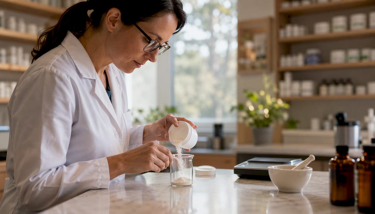Pharmacist hands mixing medication in compounding lab