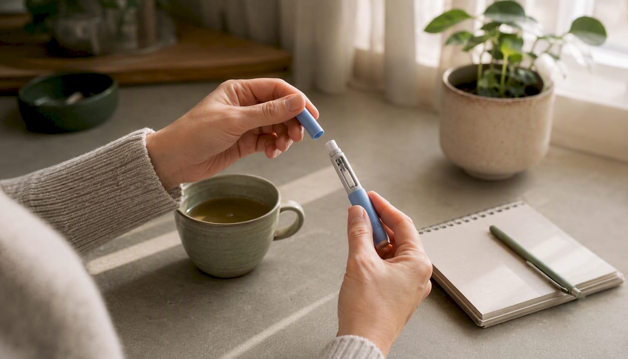 Hand holding semaglutide injection pen removing cap
