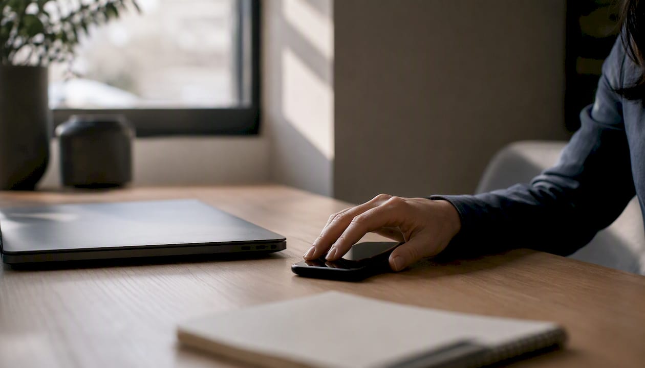 Hand holding phone on desk in minimalist office
