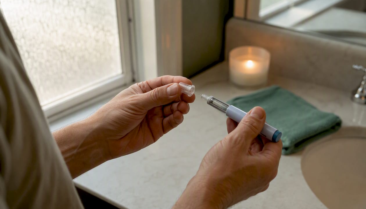 Hands preparing semaglutide injection pen