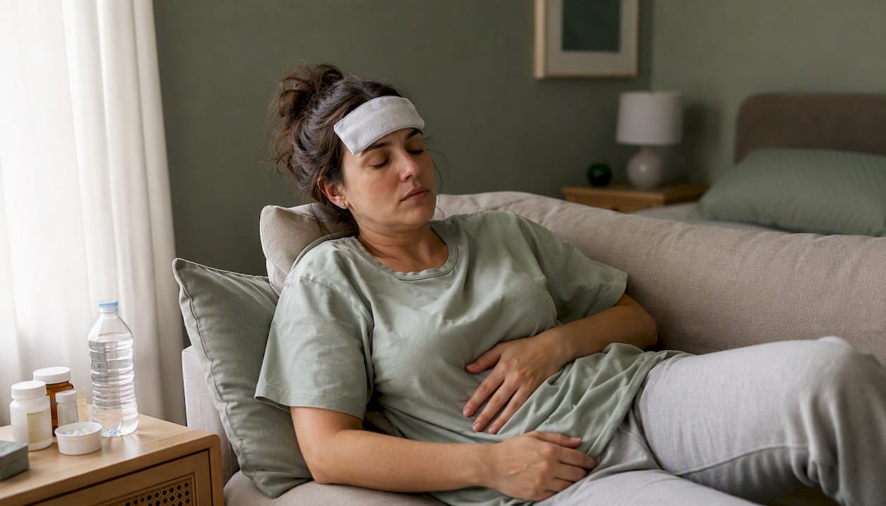 Person with cold compress feeling ill from medication side effects