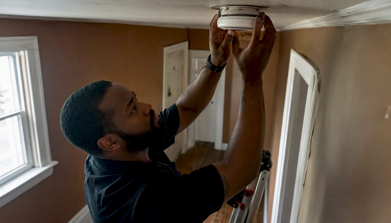 Hands installing smoke detector fixture