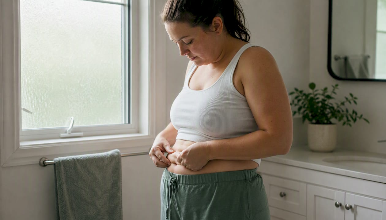 Pinching skin at abdomen injection site