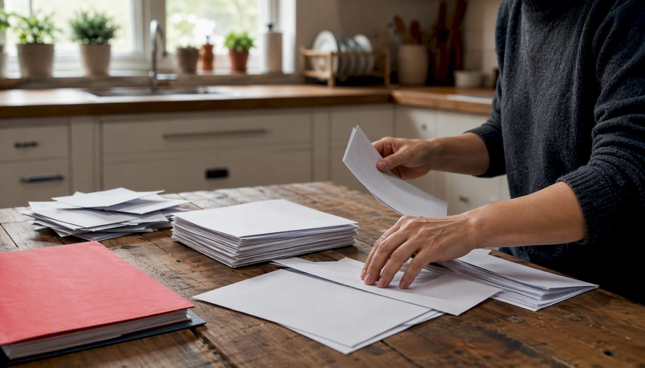 Hands organizing mortgage bills on home table