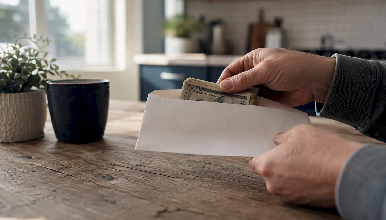 Hand placing cash into envelope for extra mortgage payment