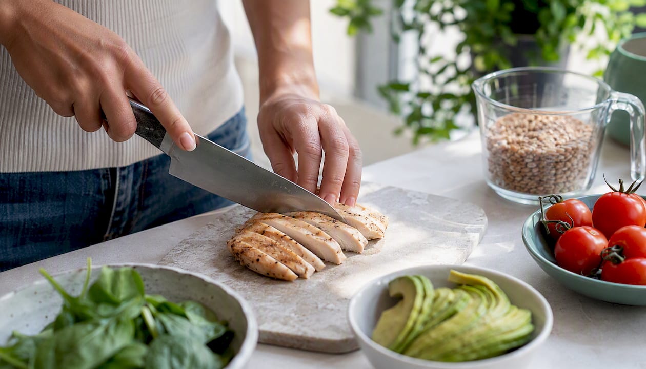 Hands chopping chicken for protein meal prep