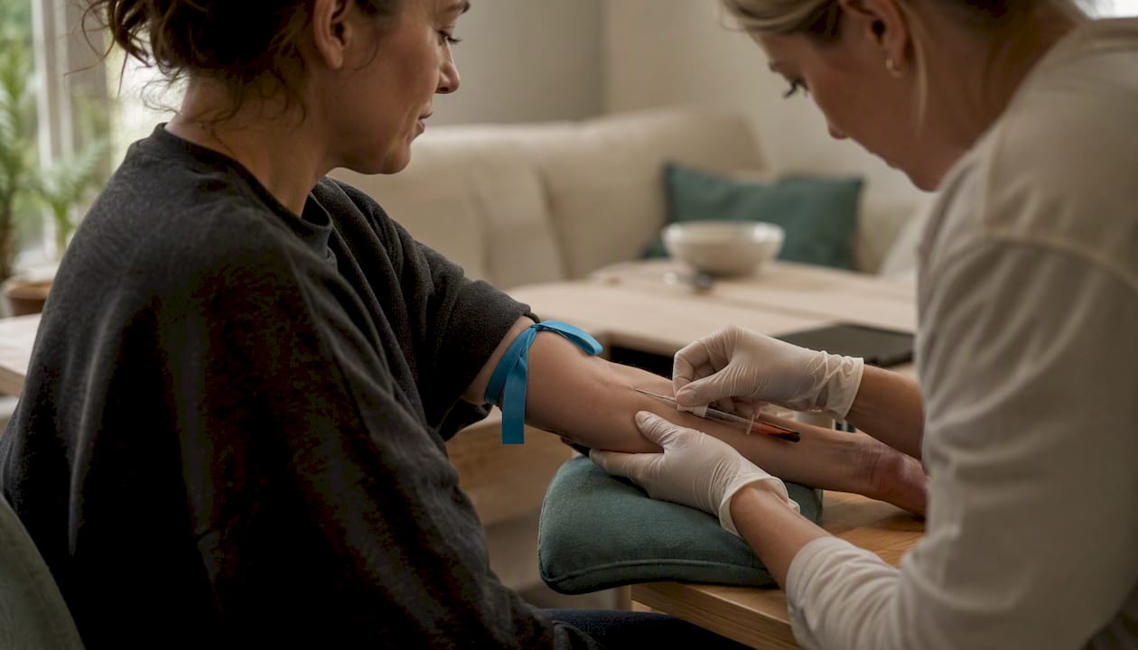 Gloved hands drawing blood for nutrient labs