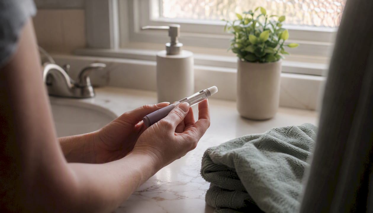 Hands preparing GLP-1 injection pen at home