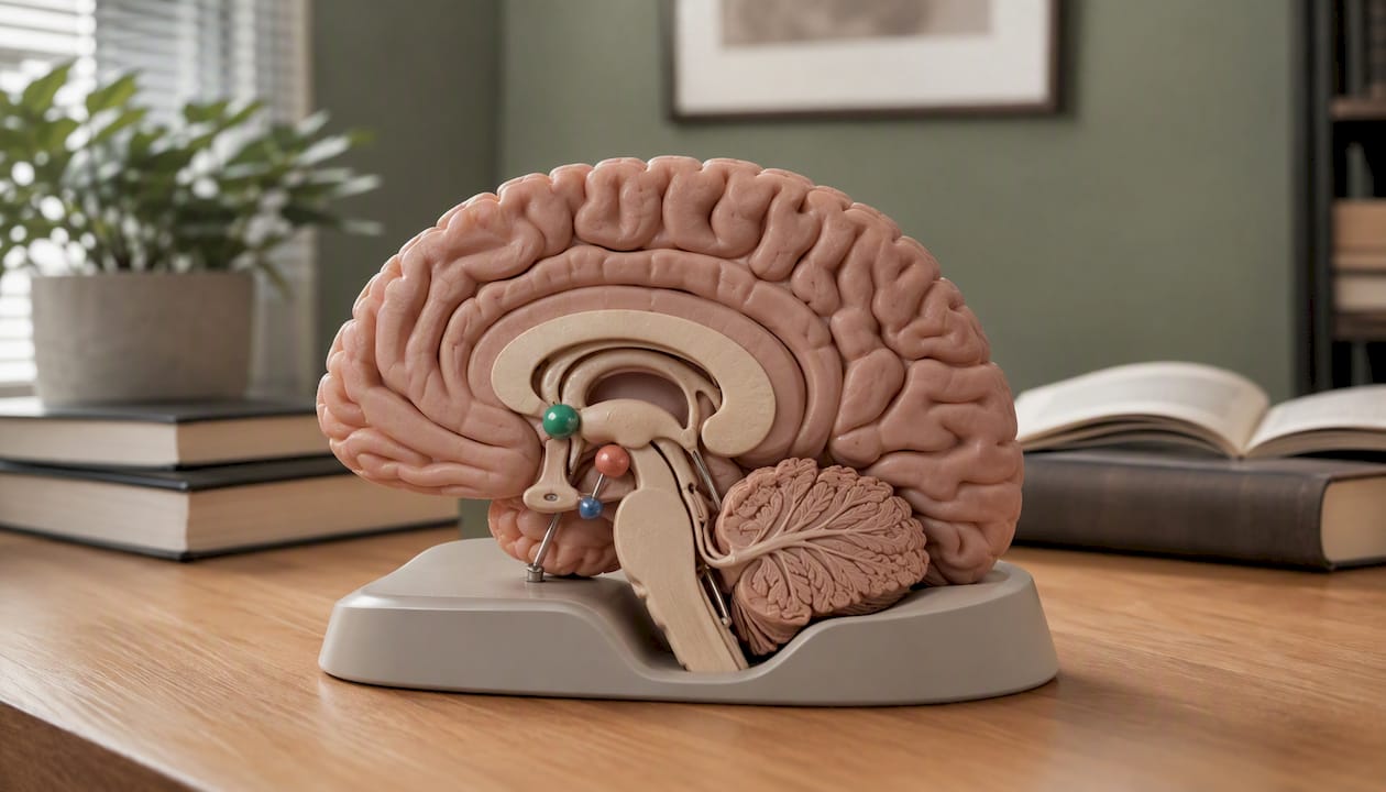 Brain model highlighting reward circuits involved in addiction