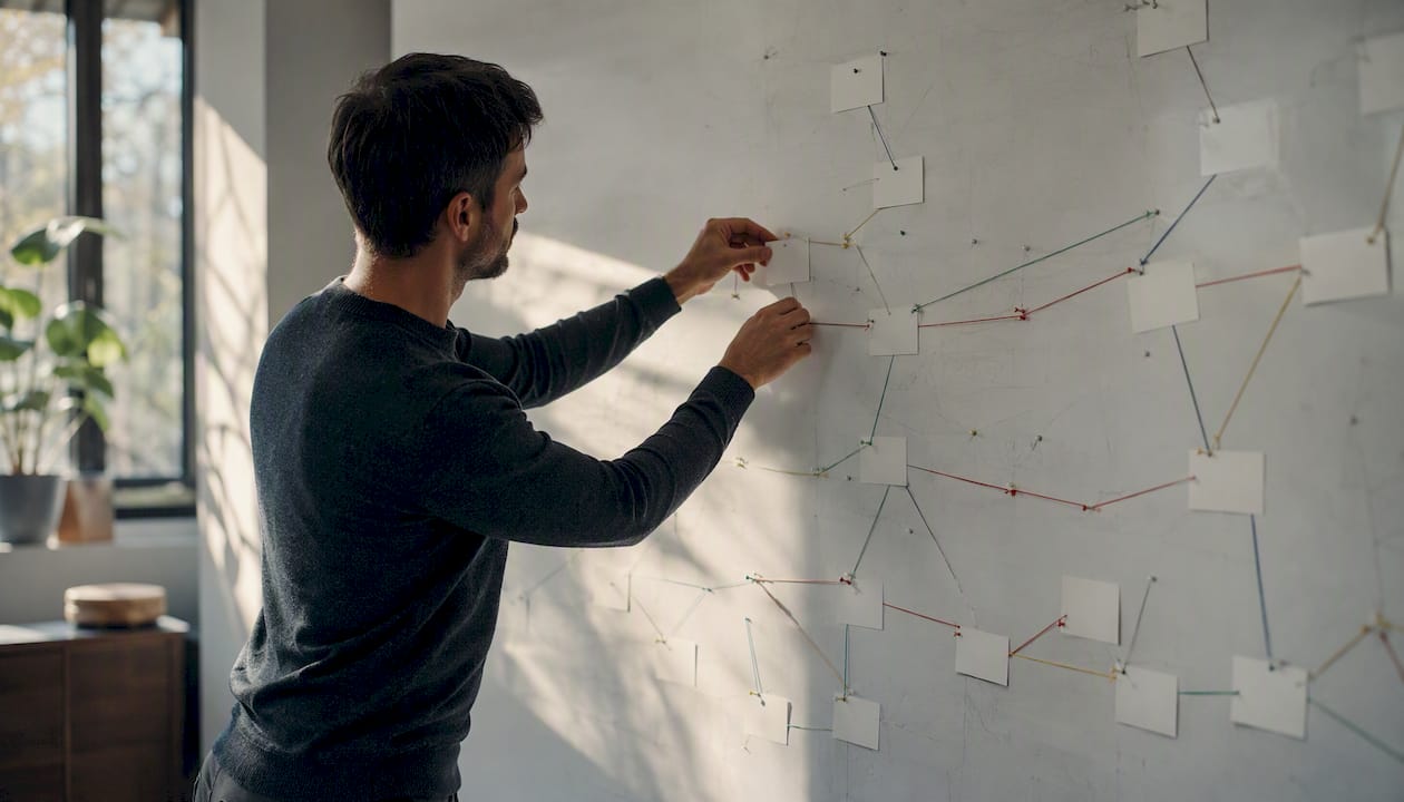 Hands arranging internal link cards on board