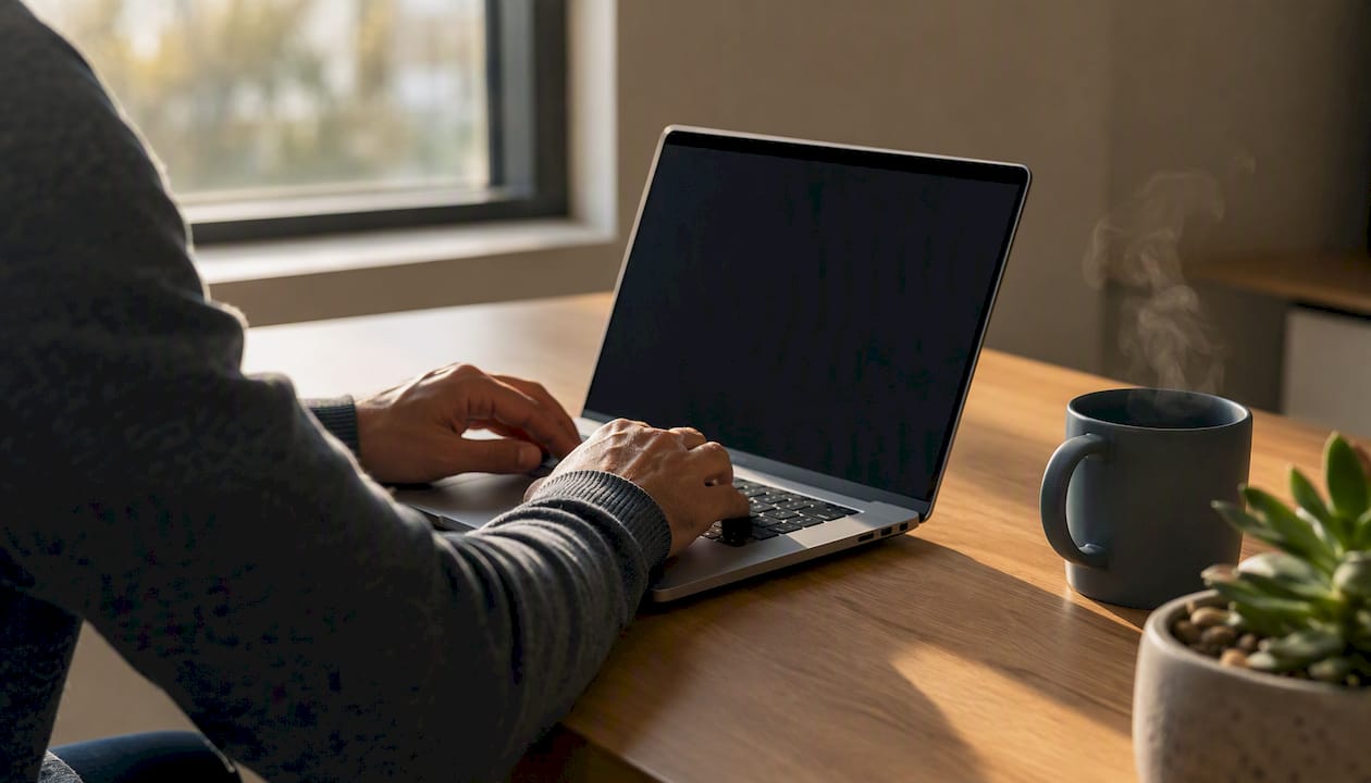 Hands coding CMS template on desk