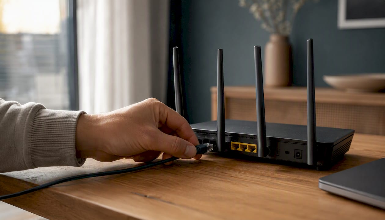 Hand connecting Ethernet cable to router for security