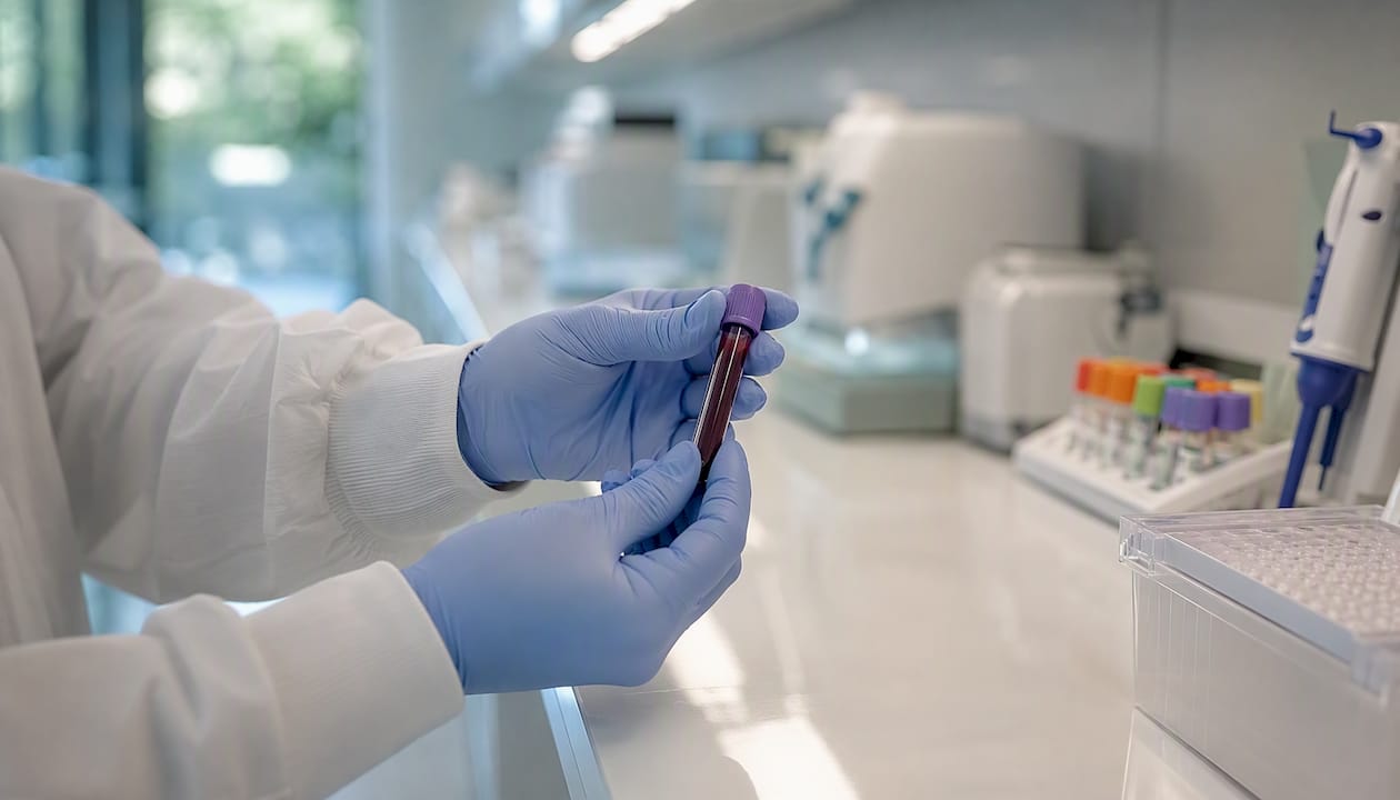 Gloved hands holding blood sample vial