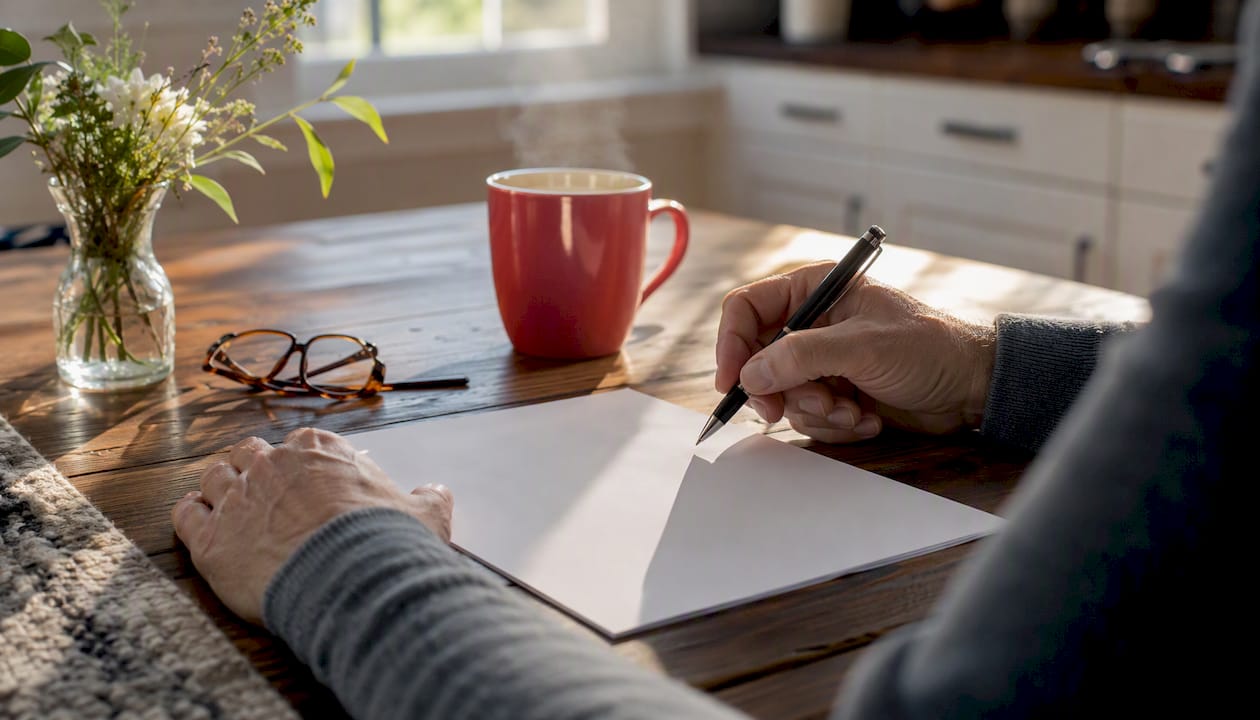 Hands filling out tax exemption form at home table