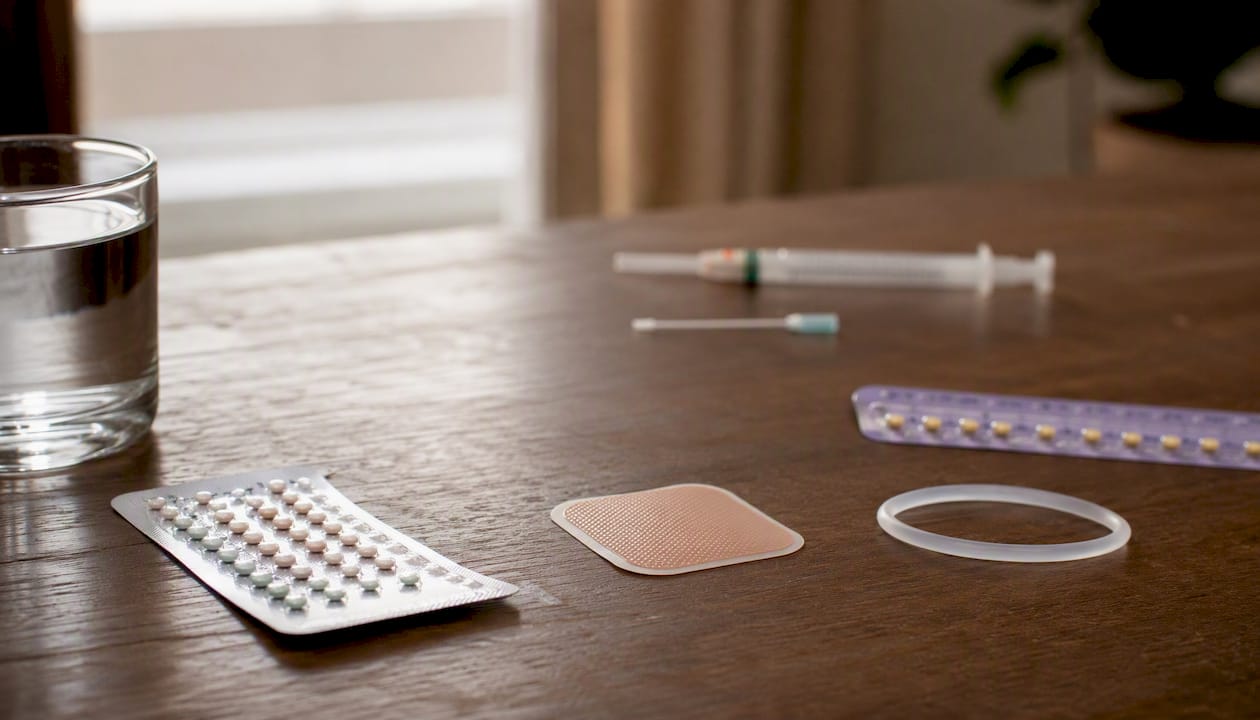 Various hormonal birth control methods on table