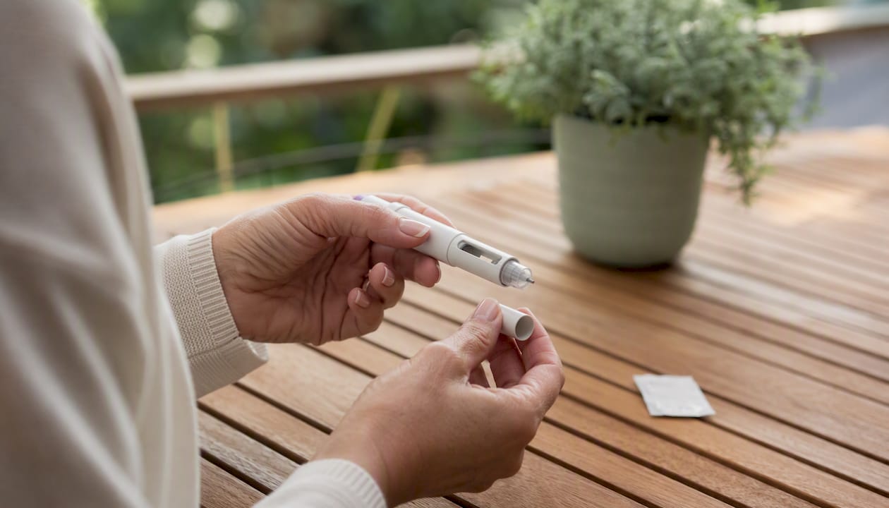 Hands preparing Wegovy injection pen