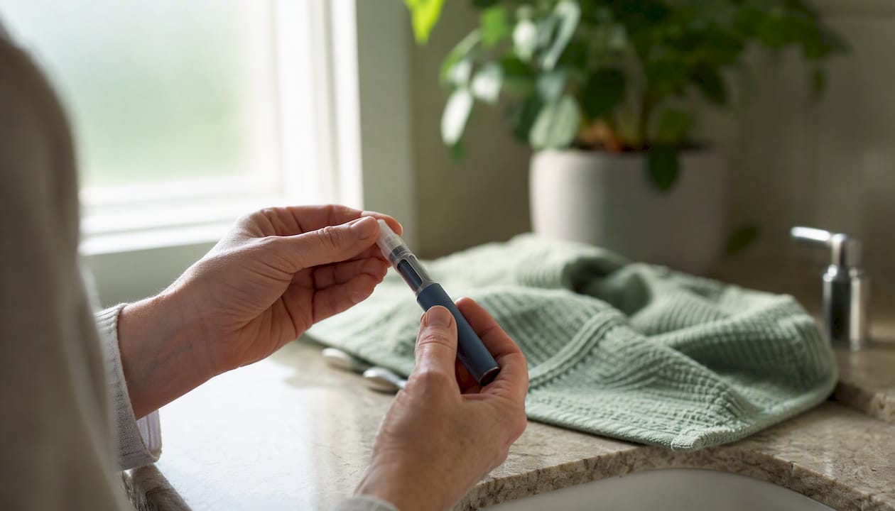 Hands preparing GLP-1 injection pen close-up