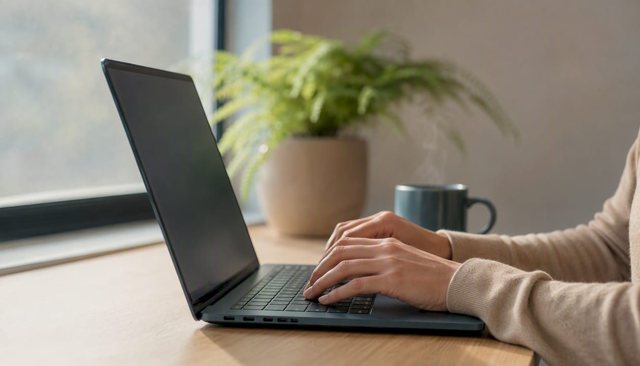 Hands typing JSON-LD code on laptop keyboard