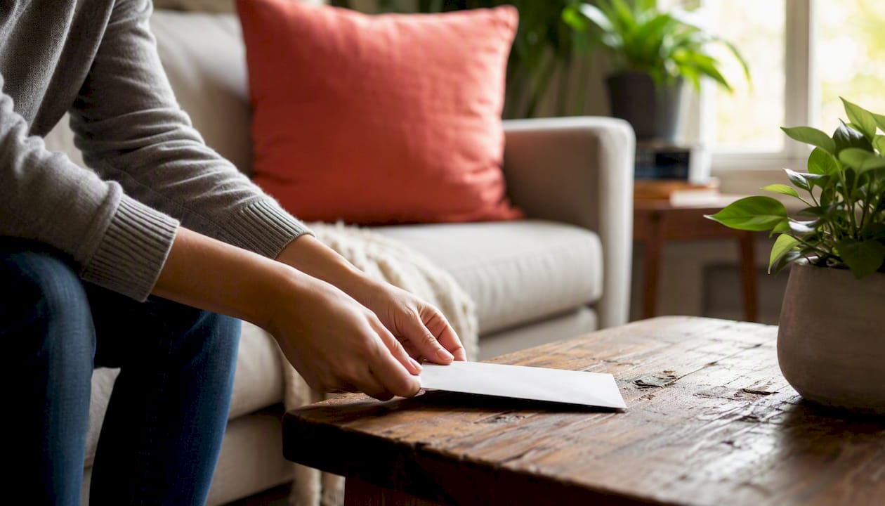 Hands placing rent payment envelope on table