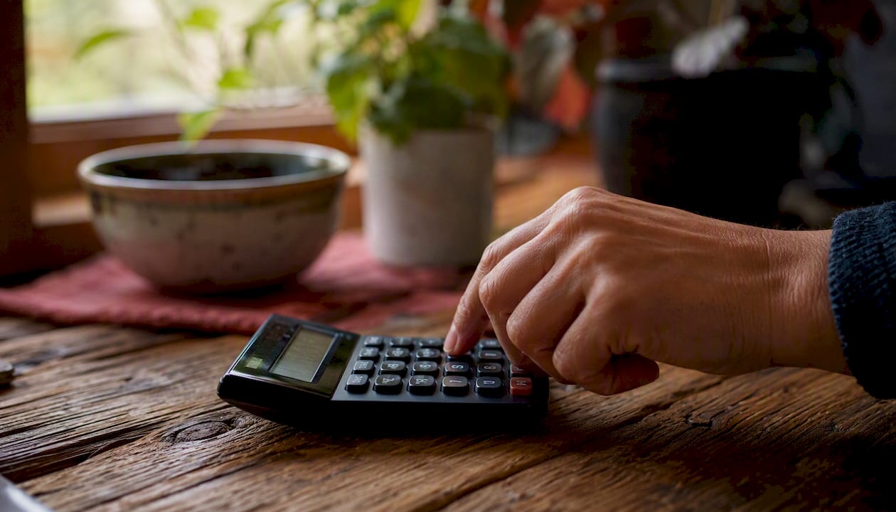 Hand using calculator with home decor silhouette
