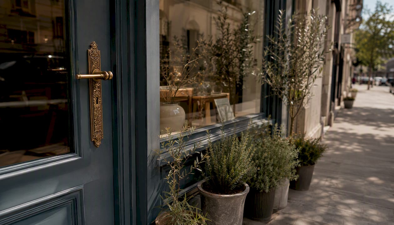 Single local business storefront entrance detail