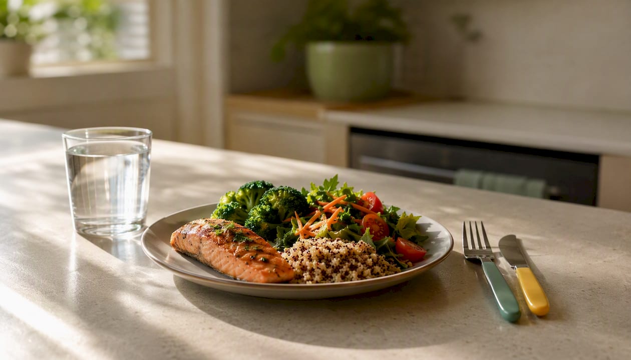 Healthy portion controlled meal on table