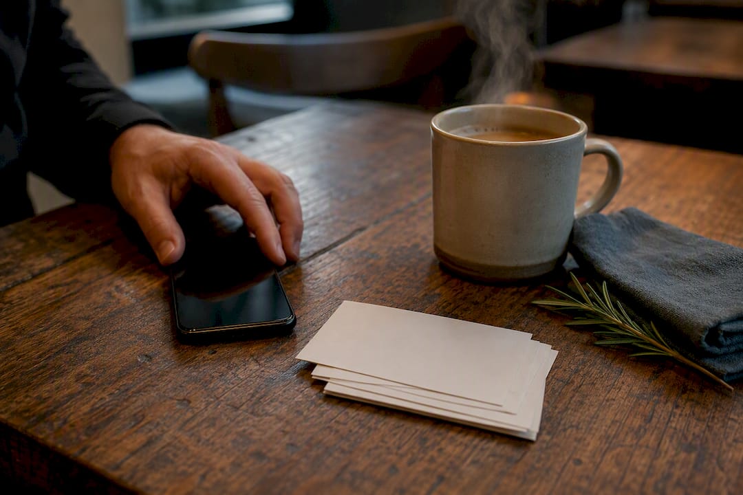 Review request cards and coffee cup on table