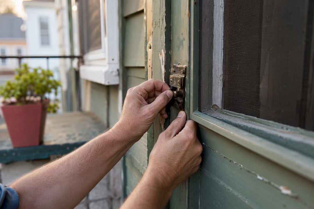 Hands inspecting old window latch on Detroit home