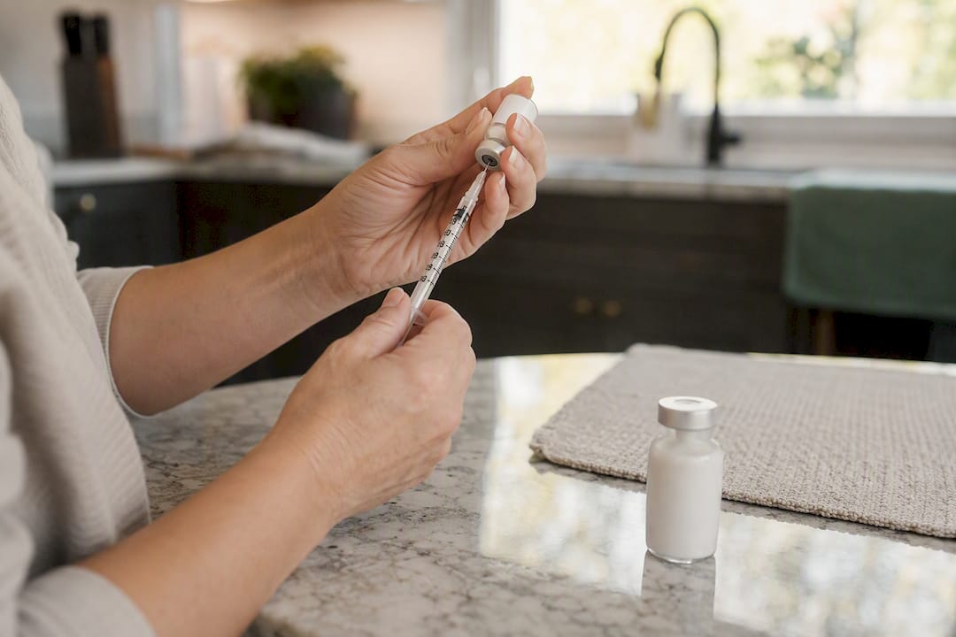 Hands preparing tirzepatide injection with syringe