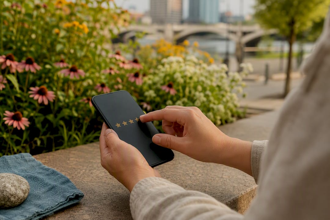 Hands tapping stars for online review
